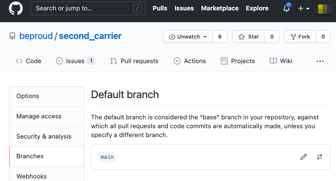 デフォルトブランチの確認 